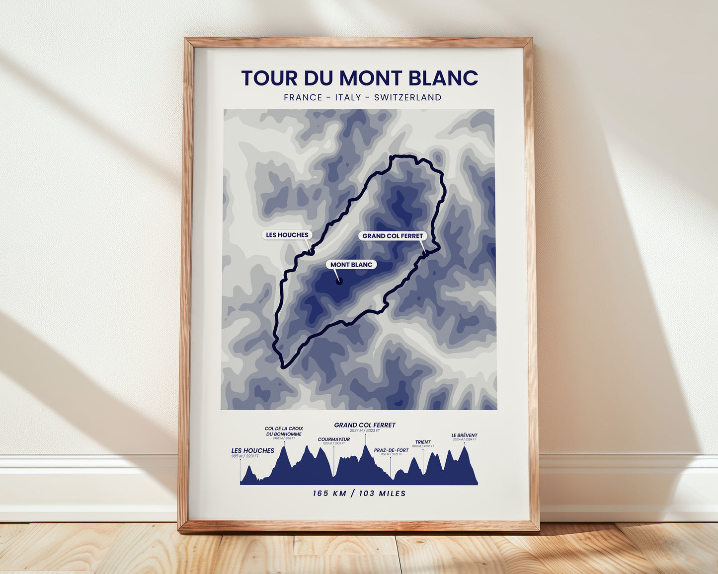 TMB (France) Terrain Map Poster Print with Blue Background