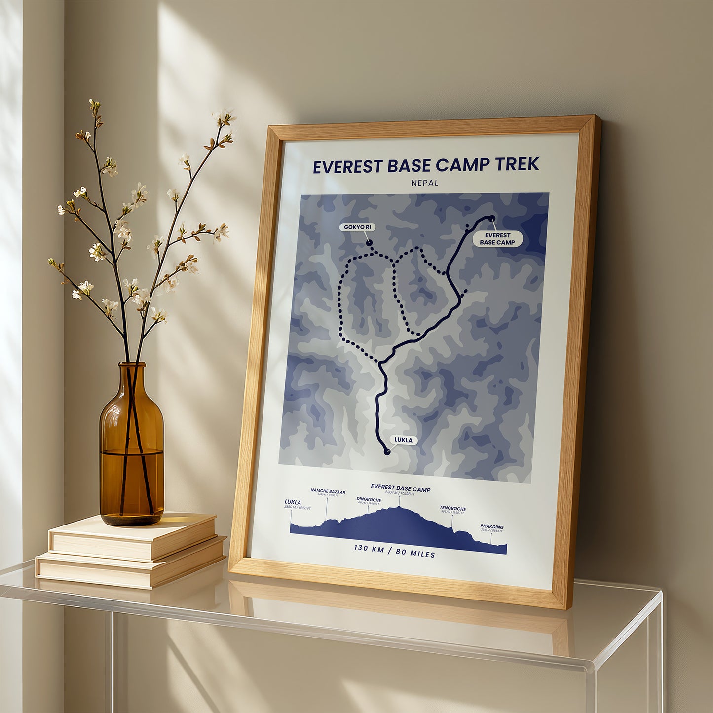 EBC (Himalayas) Shaded Relief Map Wall Art with Blue Background