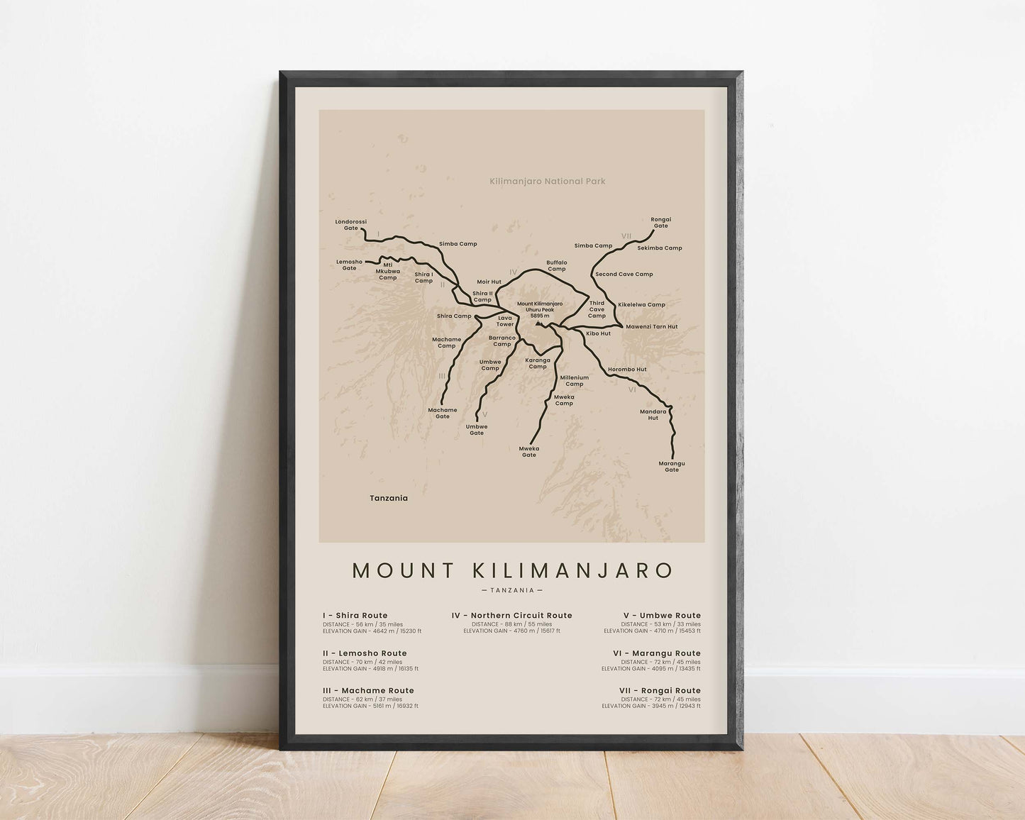 Uhuru Peak Routes (Africa) Hike Wall Map with Beige Background