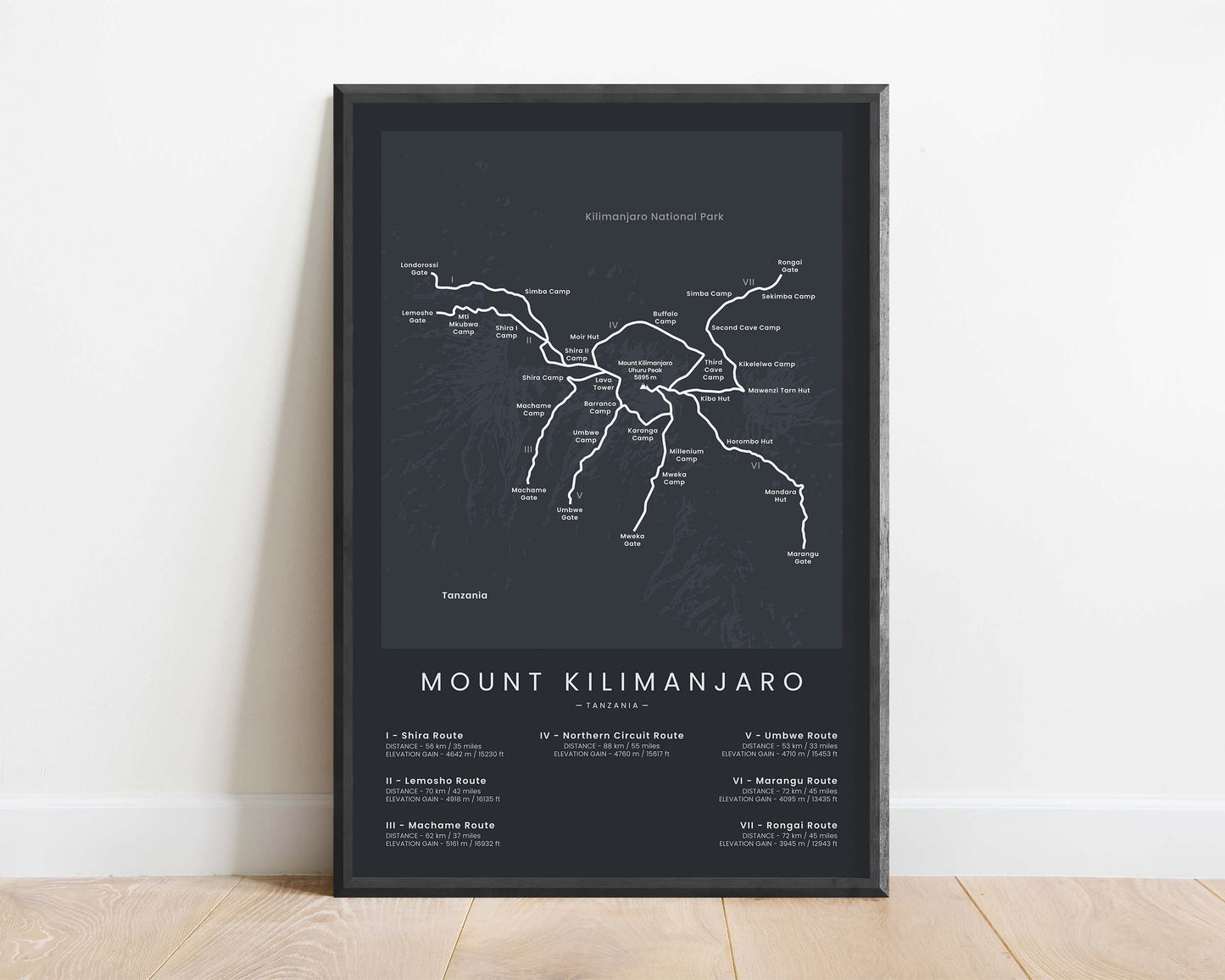 Mount Kilimanjaro Summit Hikes (Lemosho Route) Trail Wall Art with Black Background