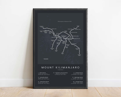 Mount Kilimanjaro Summit Hikes (Lemosho Route) Trail Wall Art with Black Background