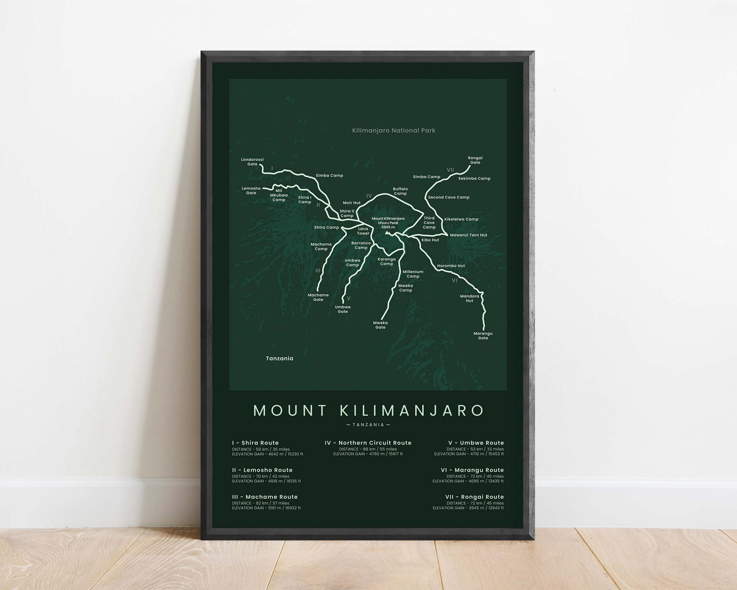 Mount Kilimanjaro Routes (Machame Route) Track Map Art with Green Background