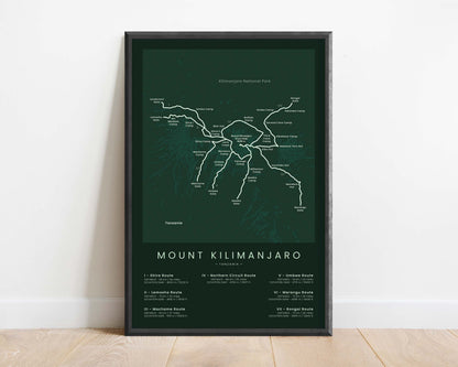 Mount Kilimanjaro Routes (Machame Route) Track Map Art with Green Background