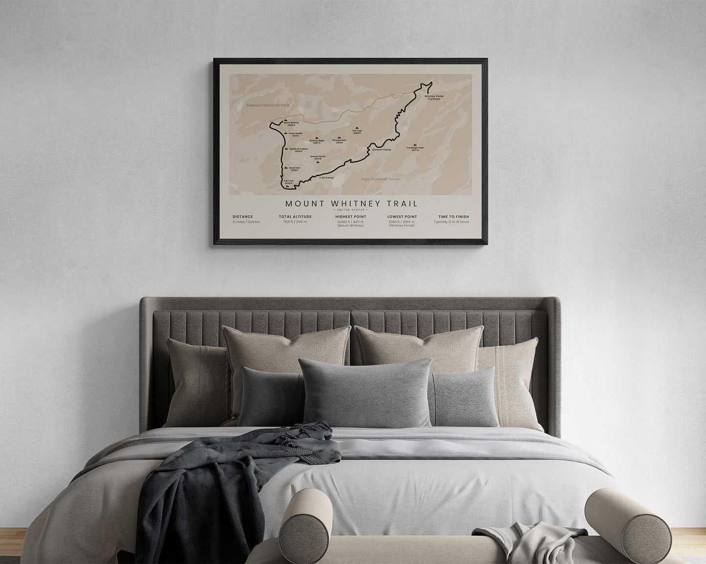 Mount Whitney Hike (Sierra Nevada) Map Poster in minimal room decor