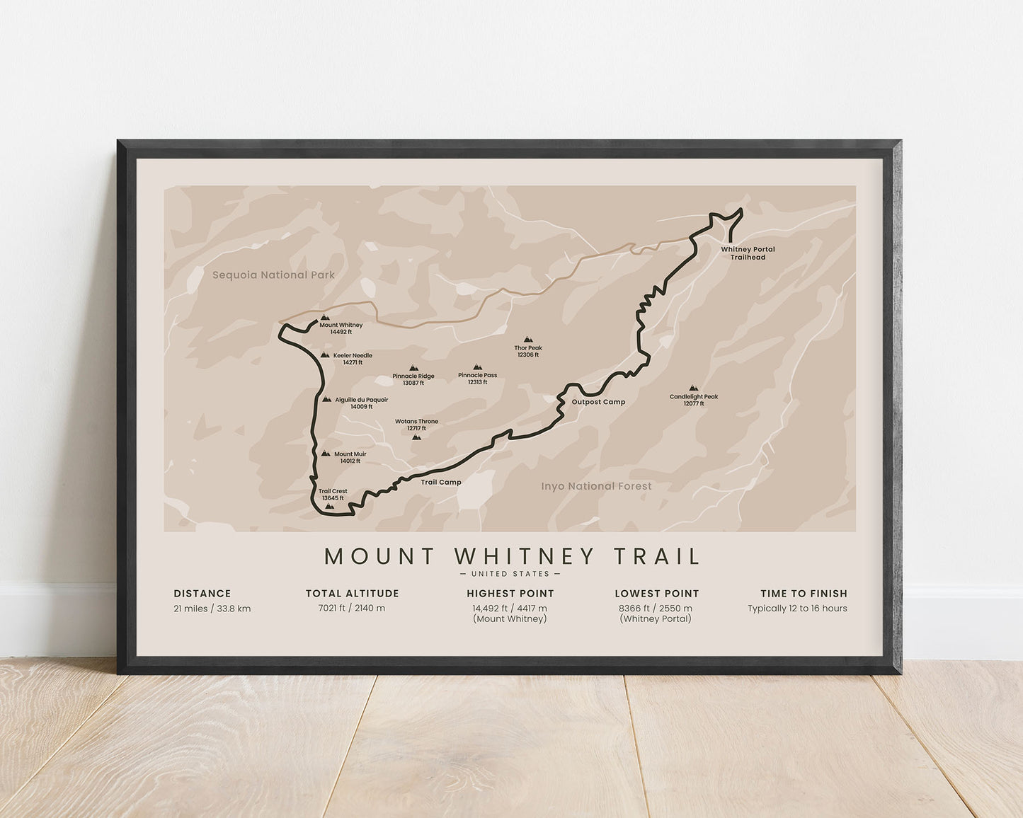 Mount Whitney Trail (California) hiking Path Map with beige background