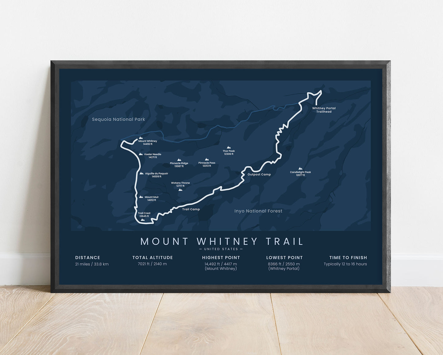 Mount Whitney Hike (Sequoia National Park) Map Print with blue background