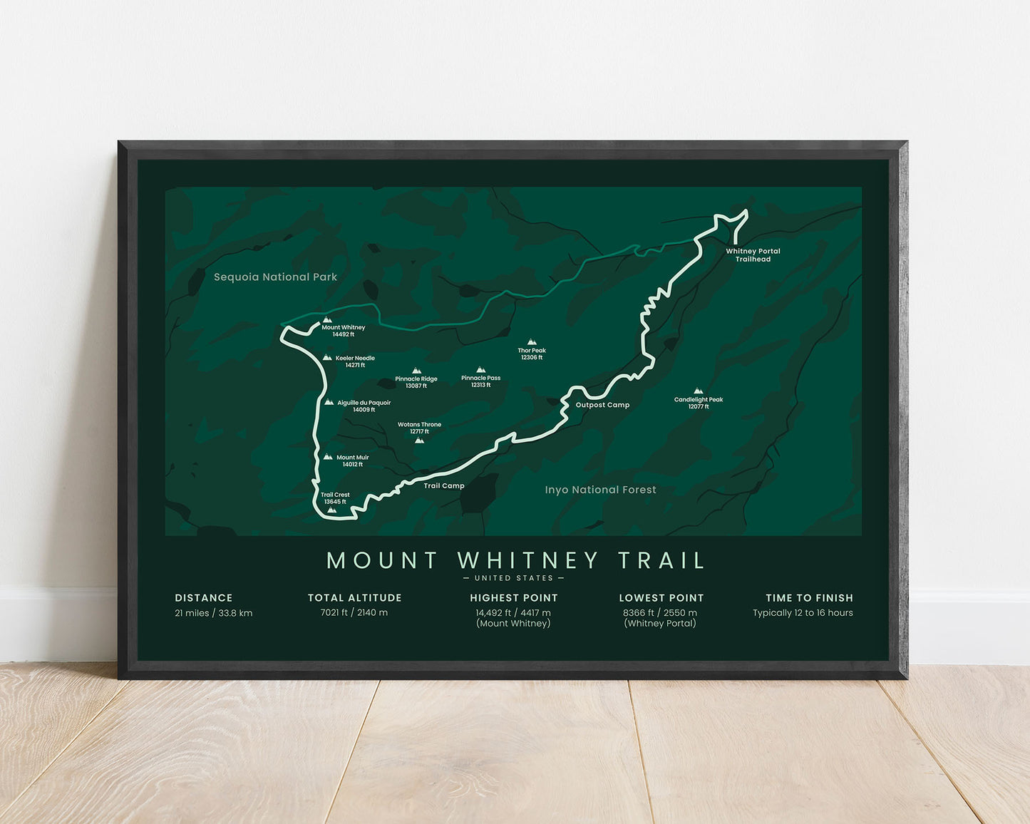Mount Whitney Trail (United States) Track Wall Art with green background