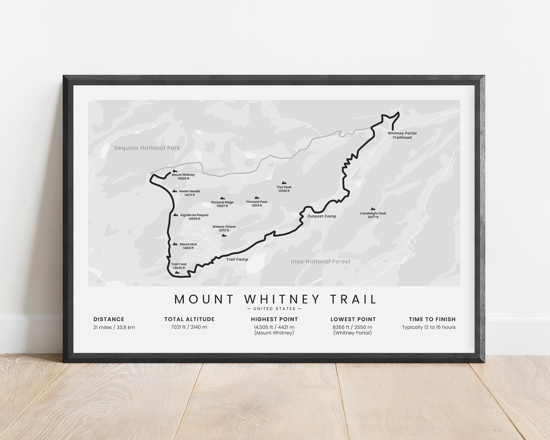 Mount Whitney Trail (Sierra Nevada) Map Poster with white background