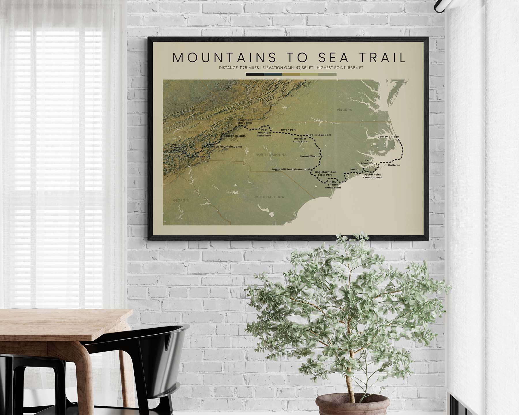 Mountains to Sea Trail (Tennessee to Atlantic Ocean) Trail Poster with Topographic Map in Modern Wall Art Decor
