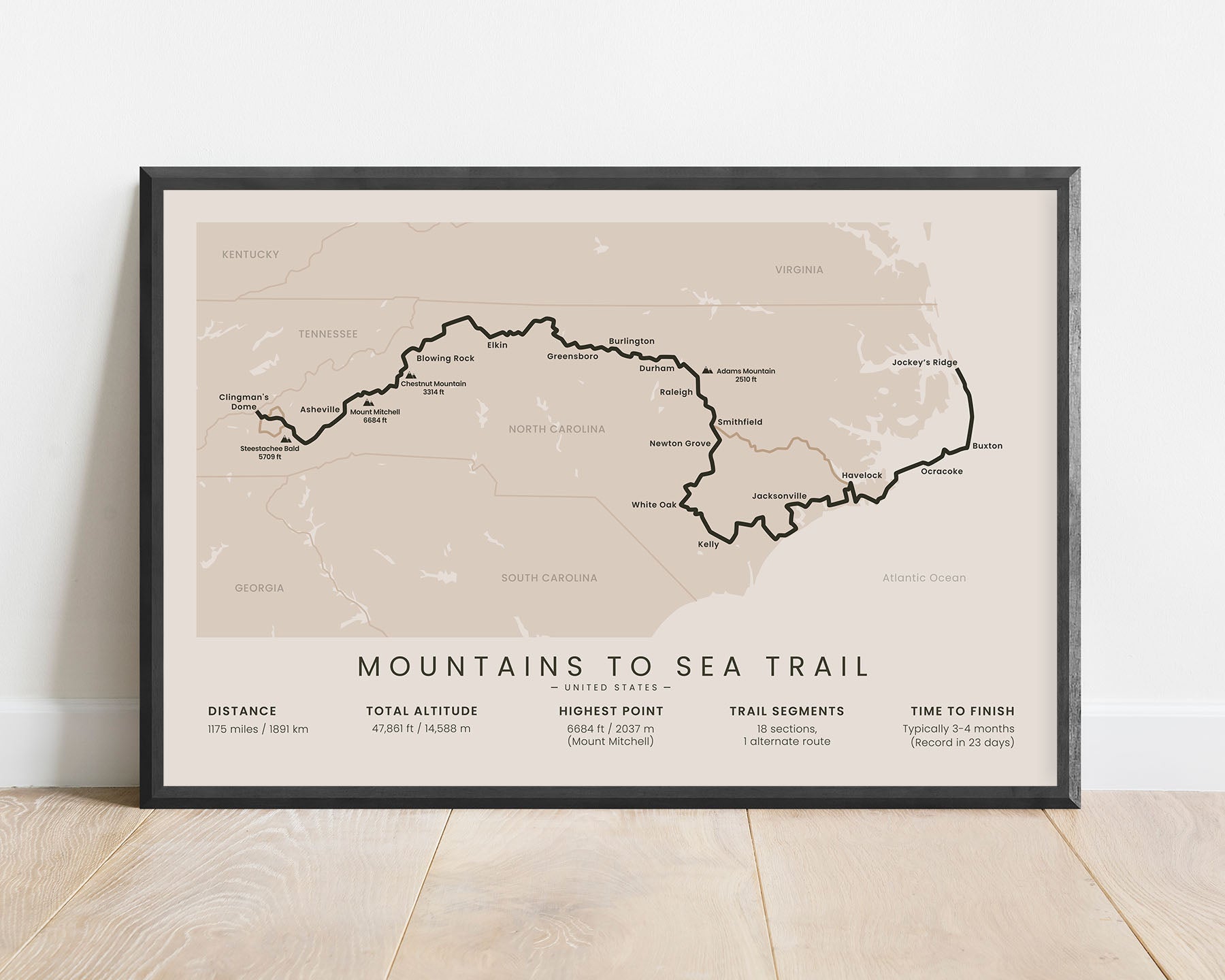 MST (United States) hike wall map with beige background