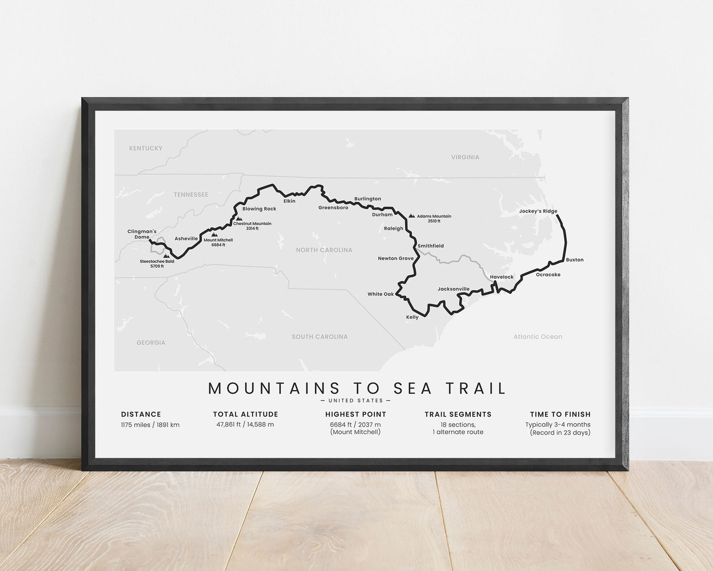 Mountains to Sea Trail (North Carolina) thru hike wall art with white background