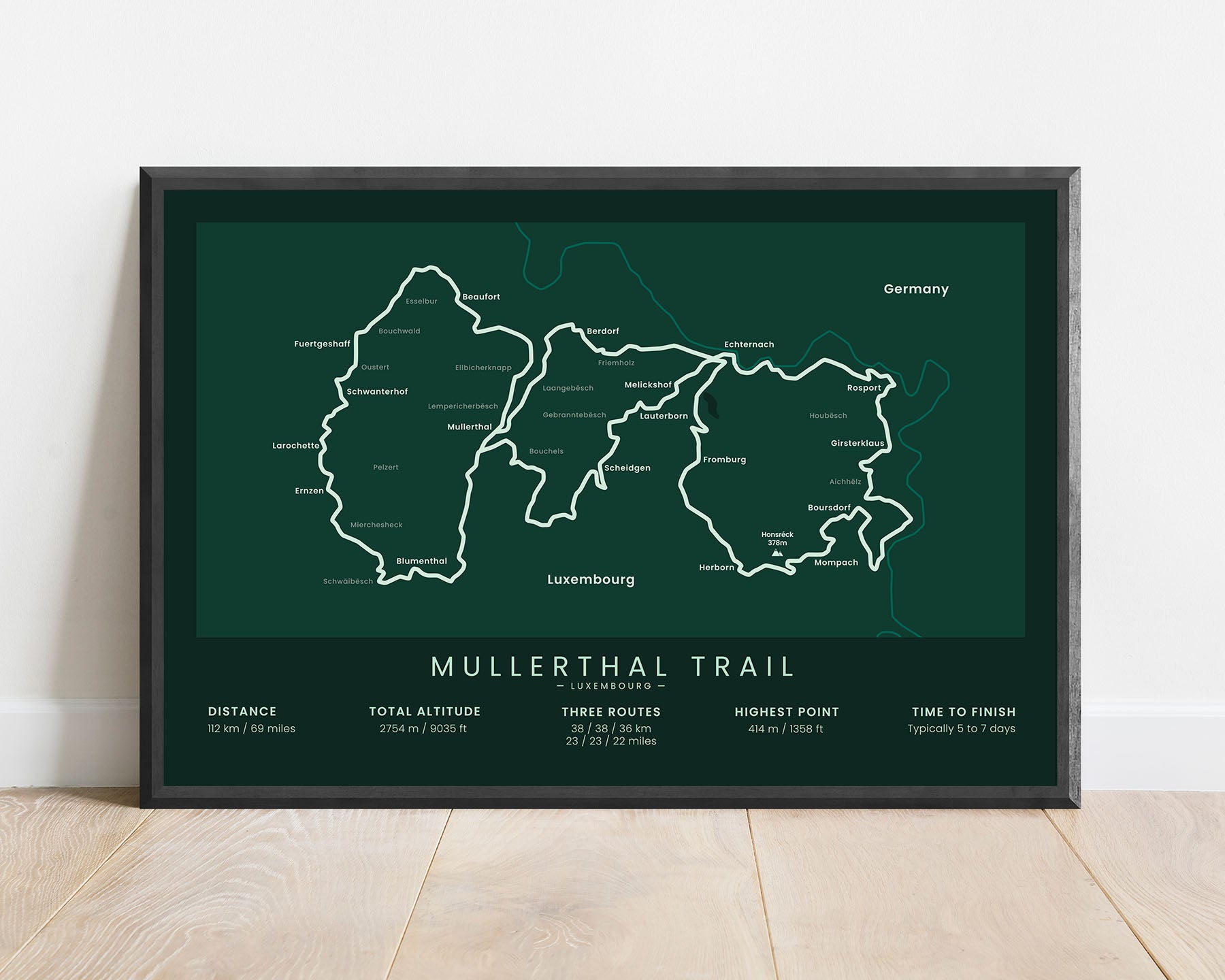 Mullerthal Trail (Europe) Trek Wall Map with Green Background