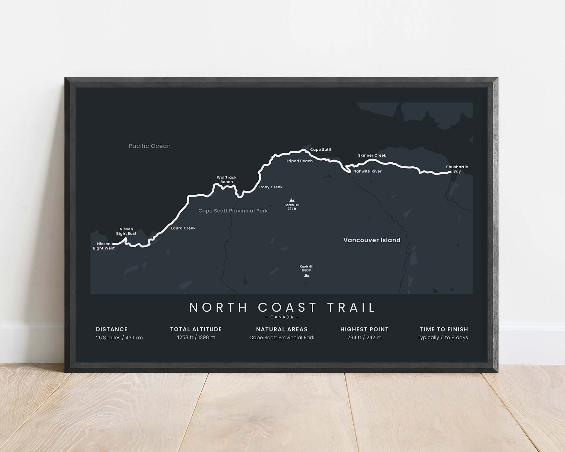 North Coast Trail (Shushartie Bay to Nissen Bight) Thru Hike Map Art with Black Background