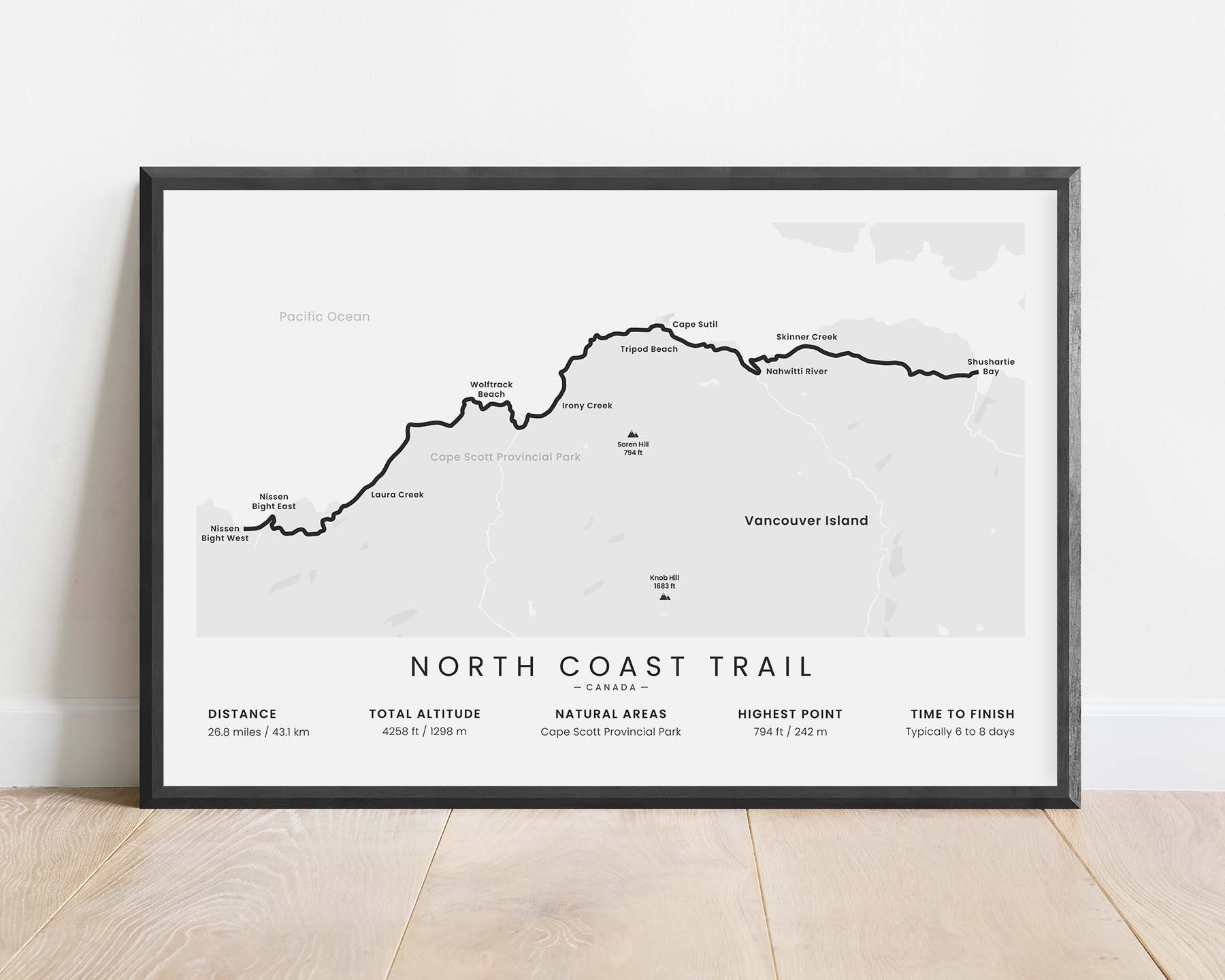 North Coast Trail (Vancouver Island) Route Wall Map with White Background