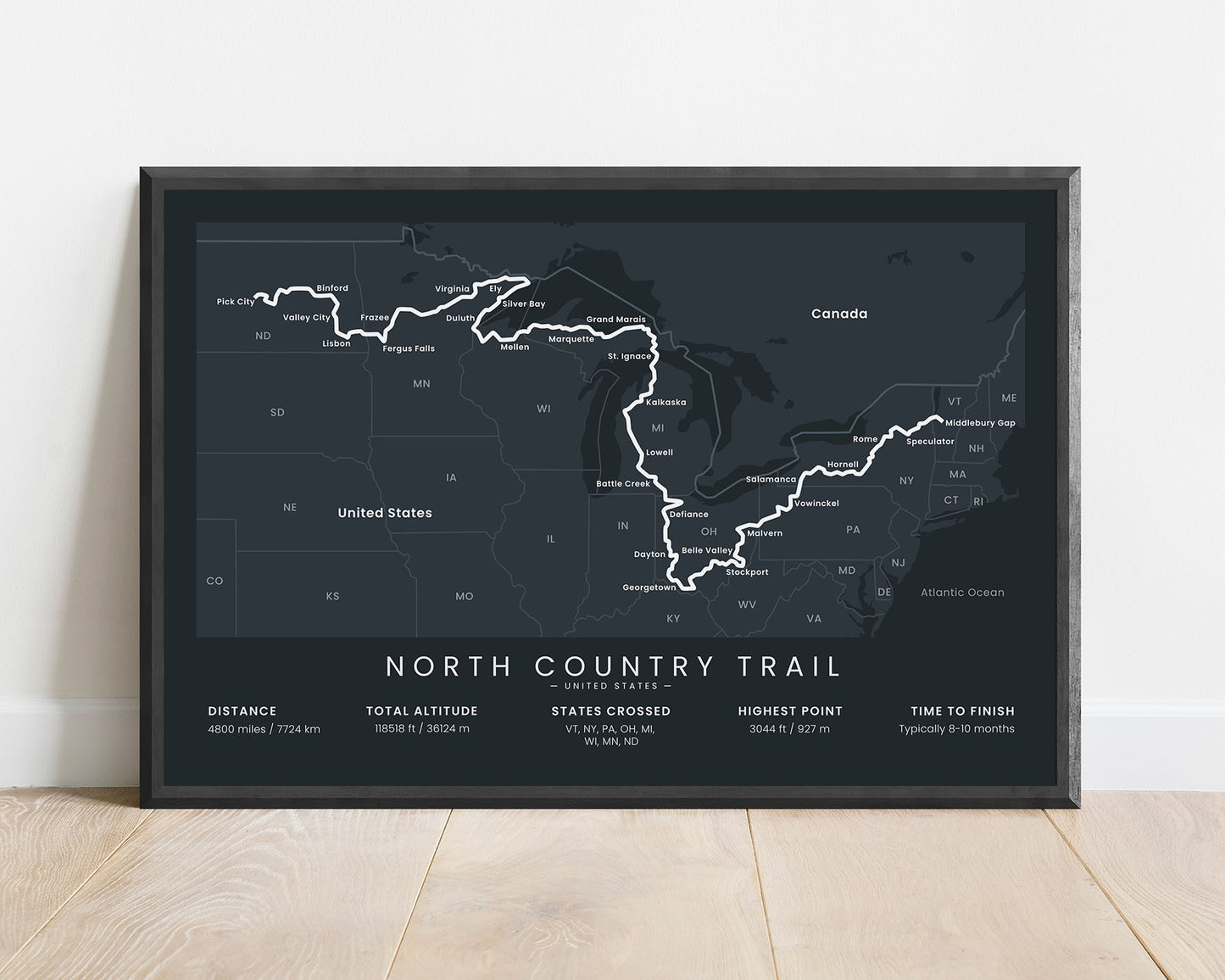 North Country National Scenic Trail (Vermont, New York, Pennsylvania, Ohio, Michigan, Wisconsin, Minnesota, North Dakota) Hiking Trail Print with Black Background