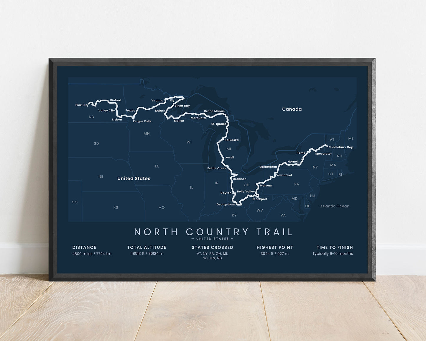 North Country Trail (Middlebury to Lake Sakakawea State Park) Trail Poster with Blue Background