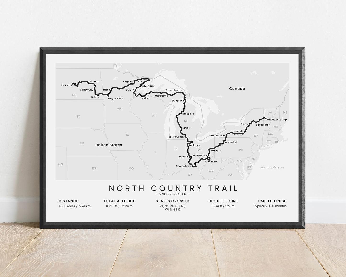 North Country Trail (United States) Thru Hike Wall Map with White Background