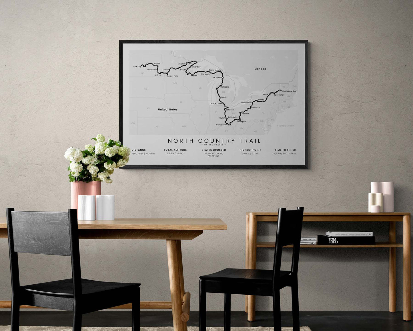 North Country National Scenic Trail (Middlebury to Lake Sakakawea State Park) Route Wall Art in Minimal Room Decor