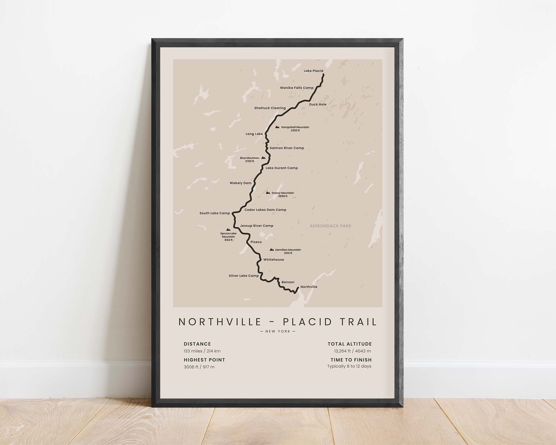 NPT (Adirondack Mountains, Northville to Lake Placid, United States, New York, Adirondack Park) Route Wall Map with Beige Background