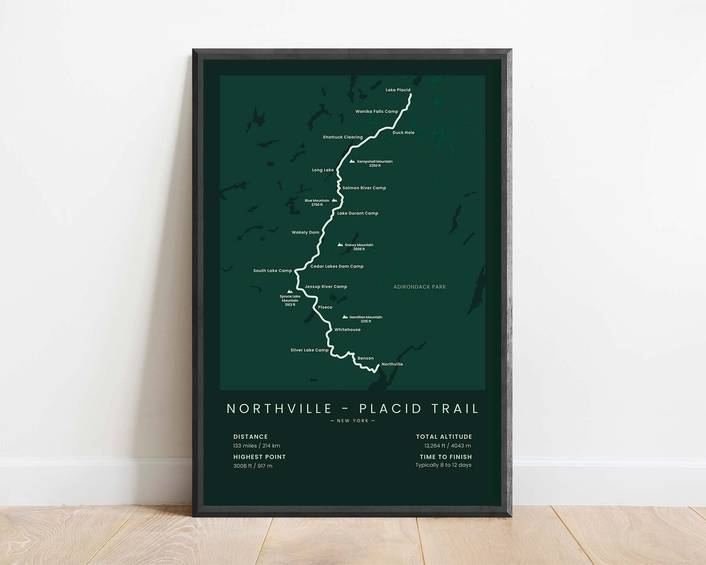Northville - Placid Trail (Adirondack Park, United States, New York, Adirondack Mountains, Northville to Lake Placid) Trek Map Art with Green Background