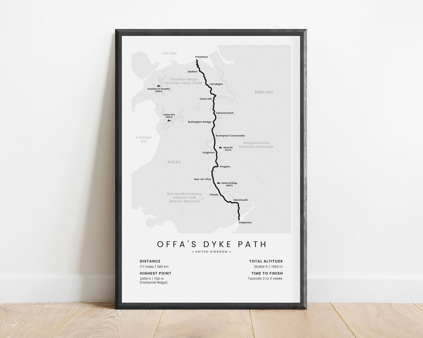 Offa's Dyke Path (Wales) Trail Wall Map with White Background