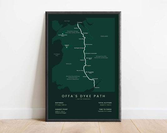 Offa's Dyke Path (England) Thru-Hike Map Art with Green Background in Minimal Room Decor