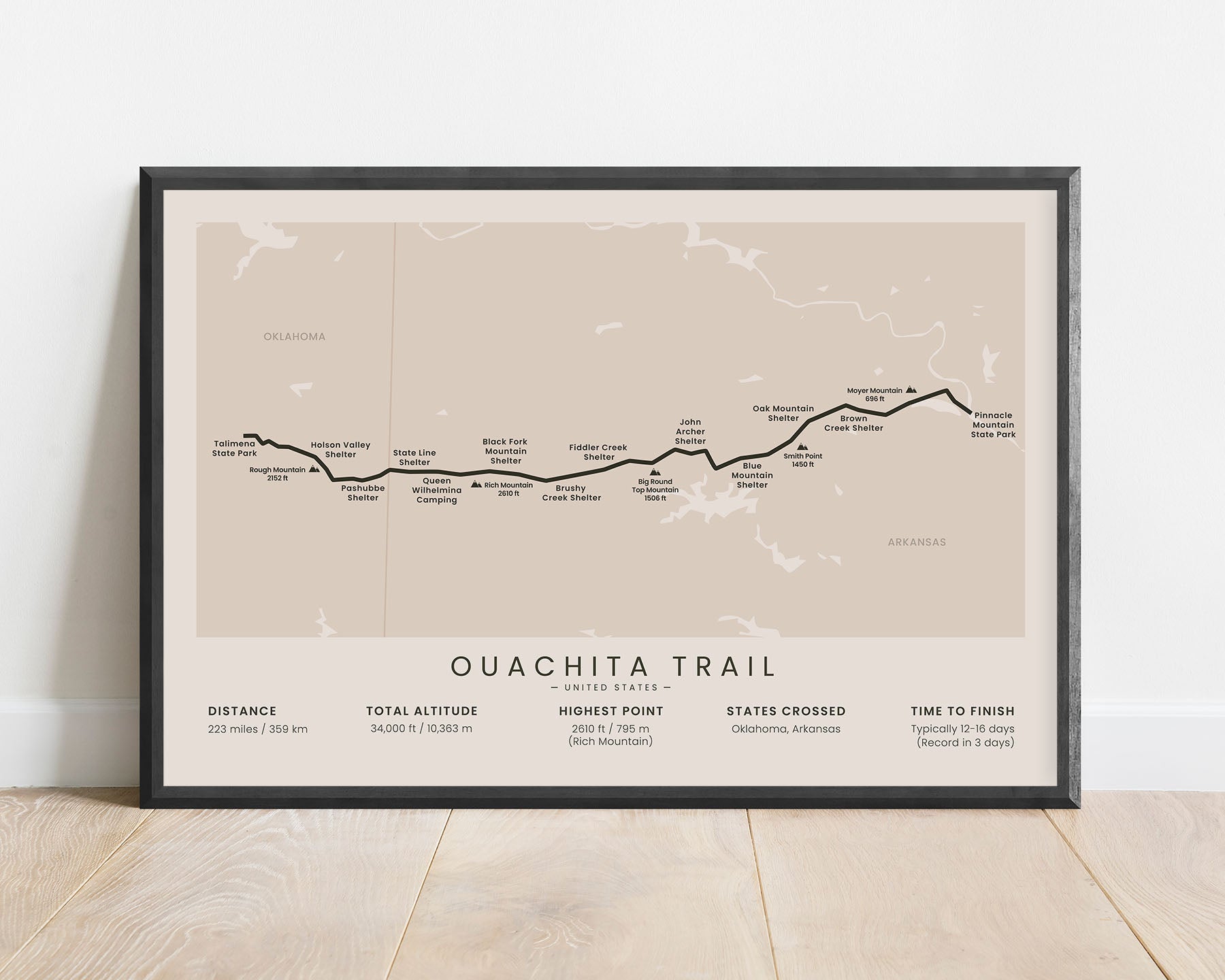 Ouachita National Recreation Trail (Pinnacle Mountain) trek wall map with beige background