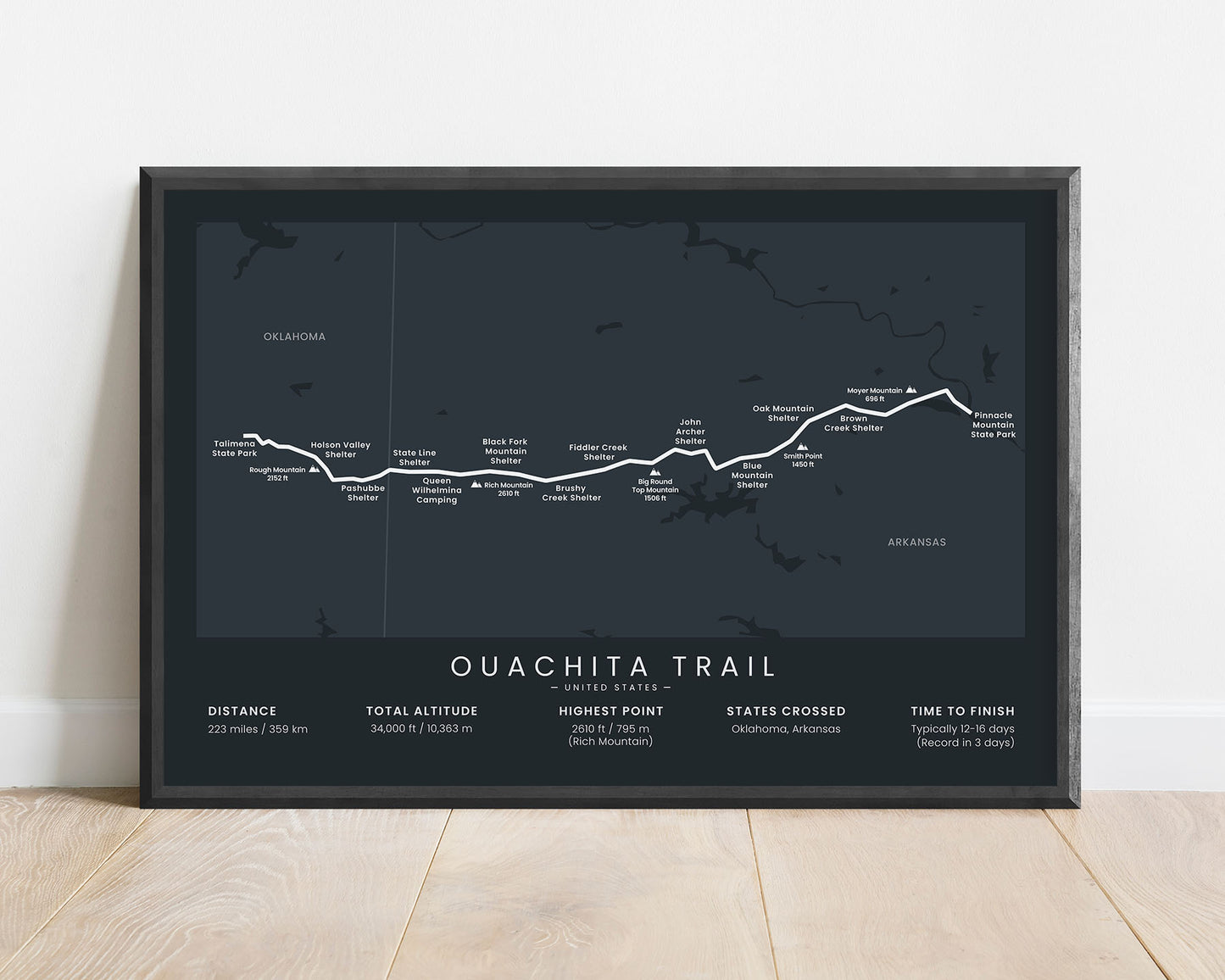 Ouachita thru hike (Talimena State Park to Pinnacle Mountain State Park) path wall art with black background