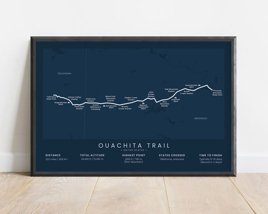 Ouachita hiking trail (Oklahoma to Arkansas) track map art with blue background