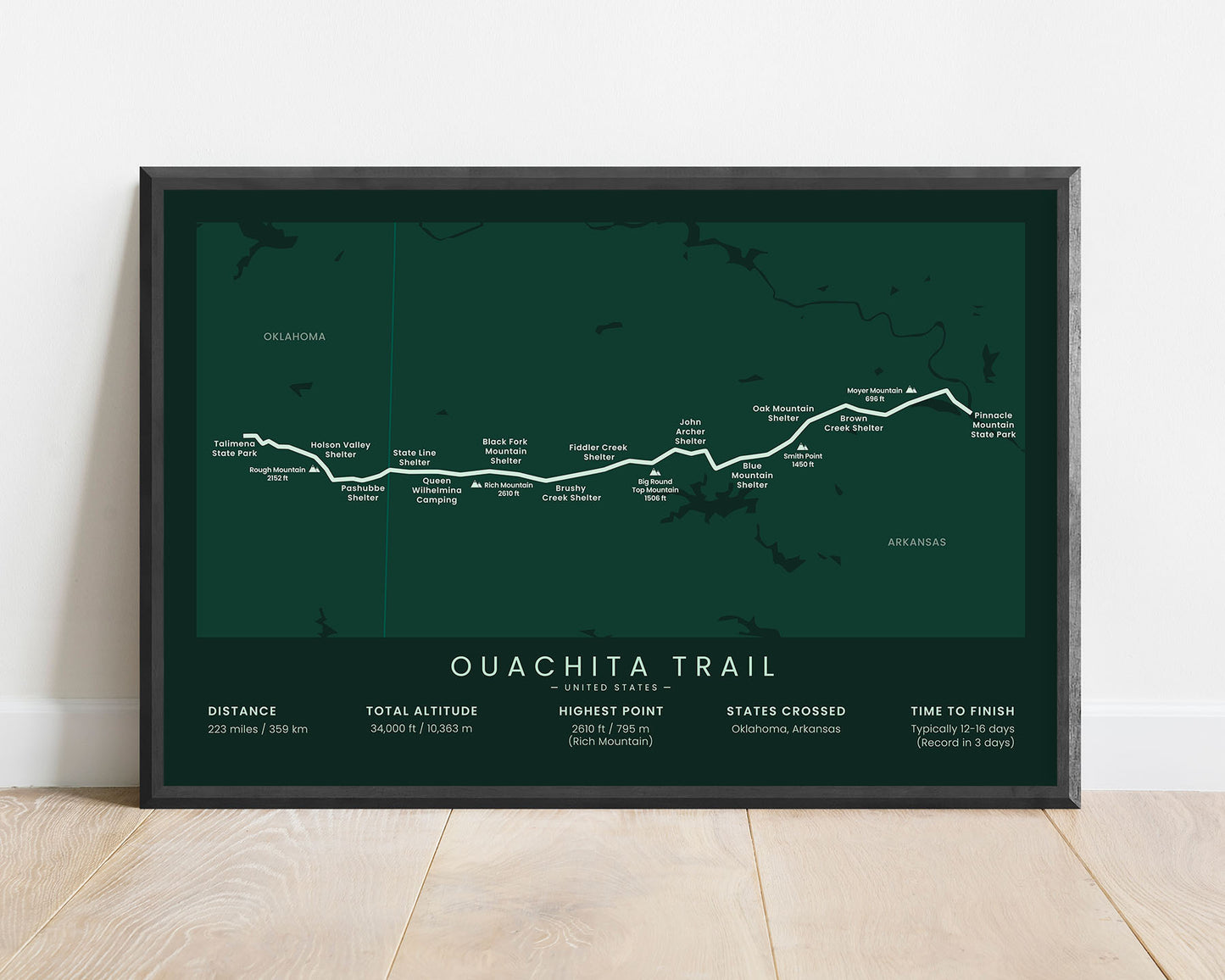 Ouachita trail (Ouachita Mountains) route print with green background