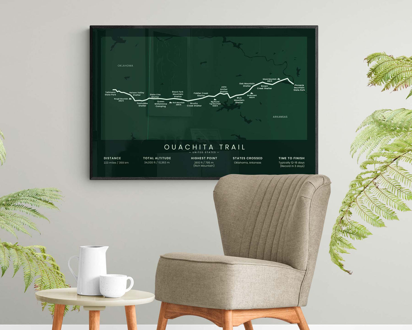 Ouachita thru hike (Pinnacle Mountain) trek poster art in minimal room decor