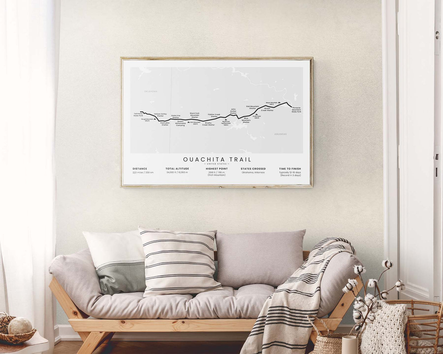 Ouachita National Recreation Trail (Ouachita National Forest) hike wall map in minimal room decor