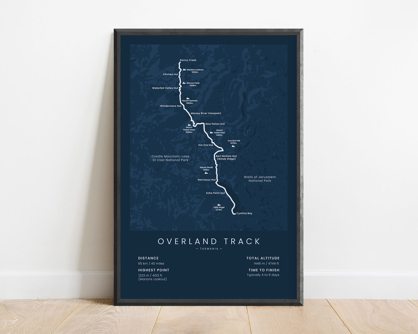 Overland Track (Cradle Mountain to St Clair Lake) route art with blue background