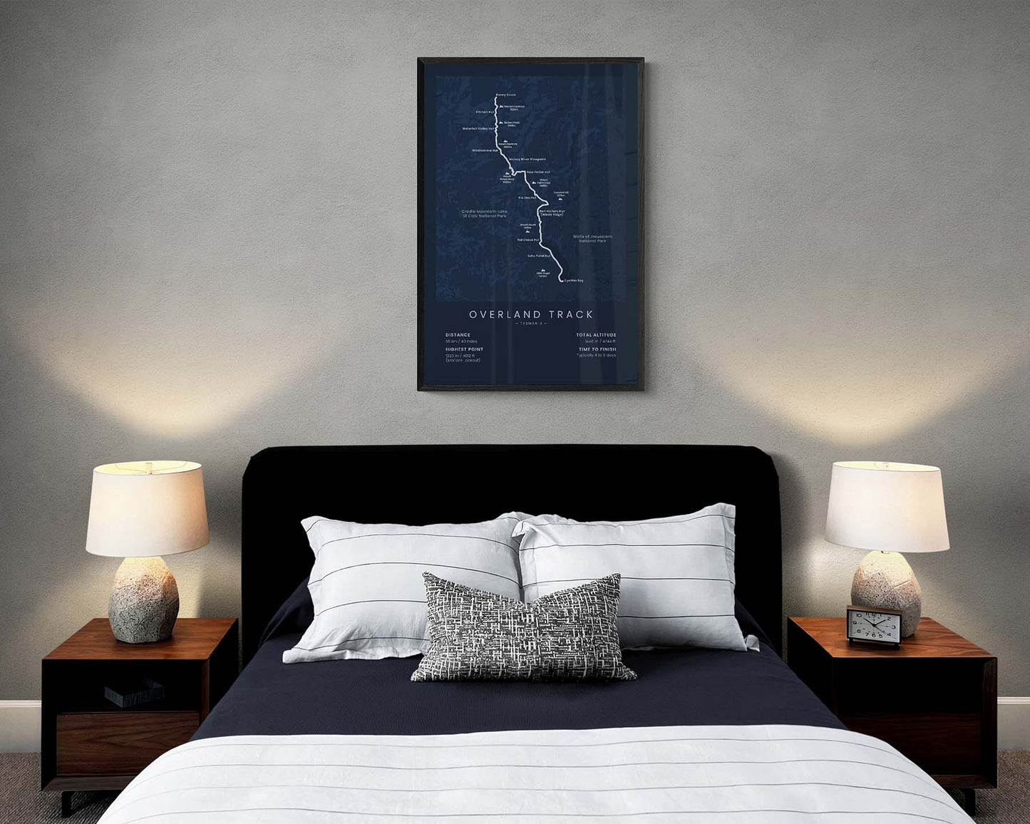 Overland trek (Tasmania) track wall map in minimal room decor