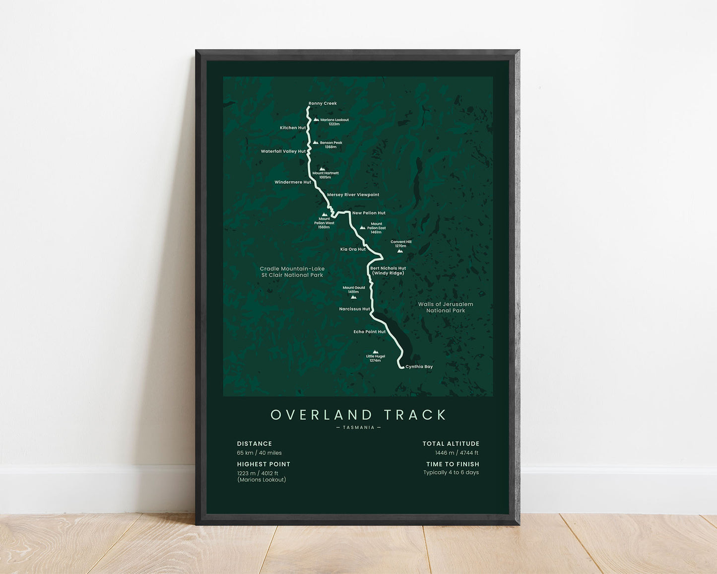 Overland Trail (Australia) hiking trail print with green background
