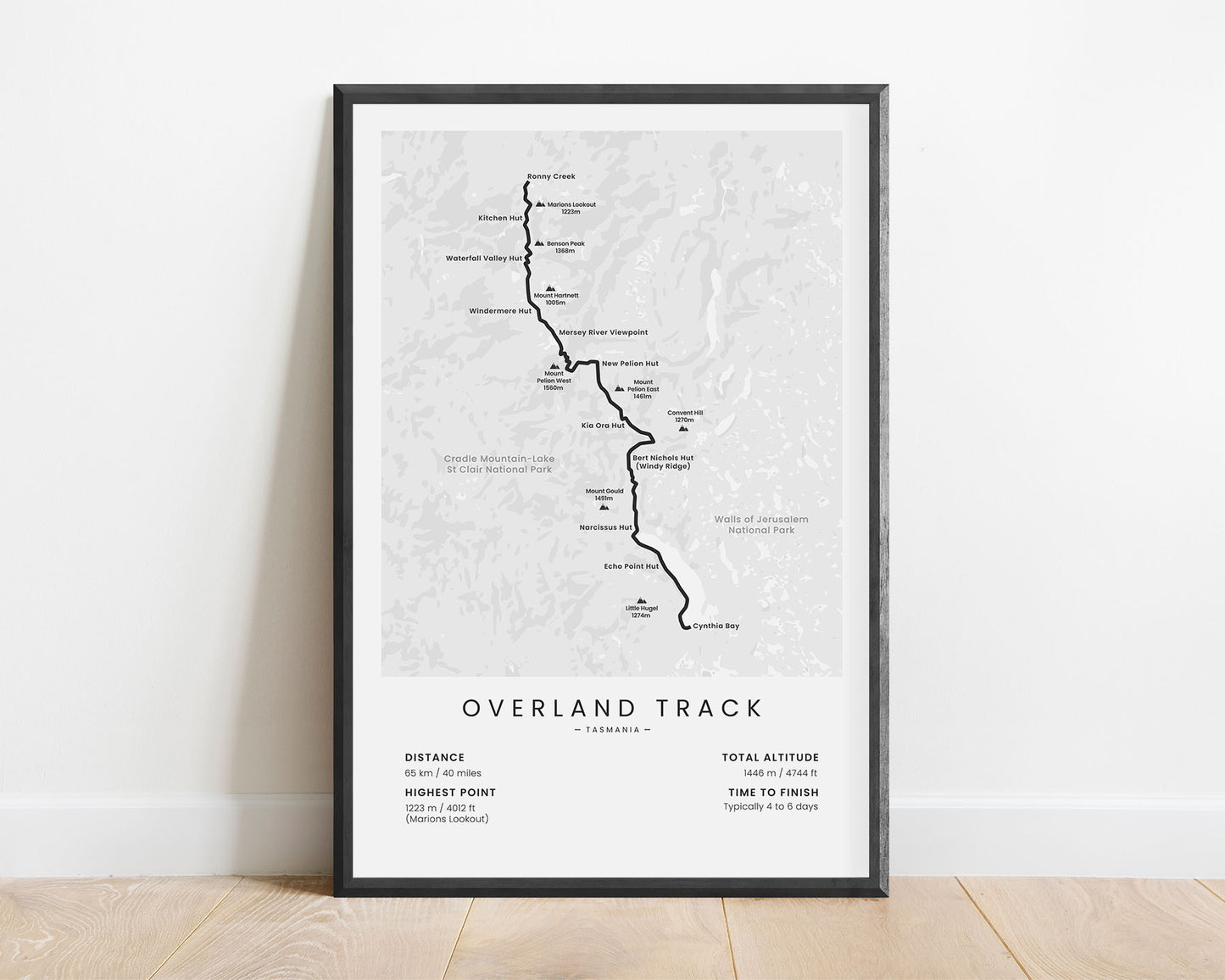 Overland Track (Tasmania) hike wall map with white background