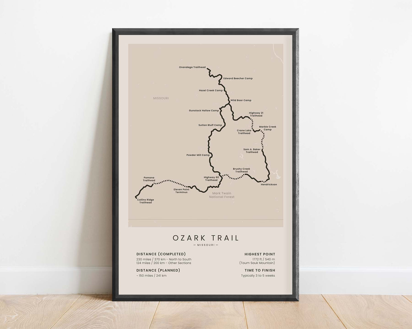 Ozark Hiking Trail (Missouri) Route Art with Beige Background in Minimal Room Decor