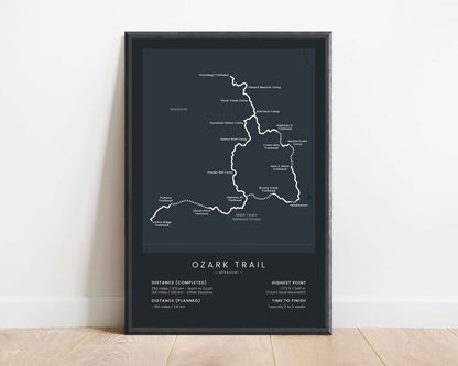 OT (Ozark National Scenic Riverways) Thru-Hike Wall Map with Black Background in Minimal Room Decor