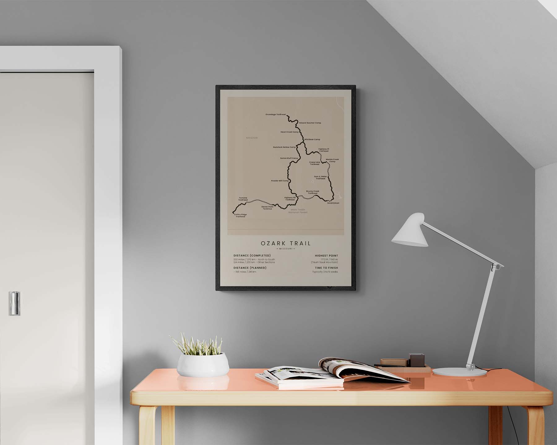 OT (Missouri) Trail Map Art in Modern Interior Wall Art Decor