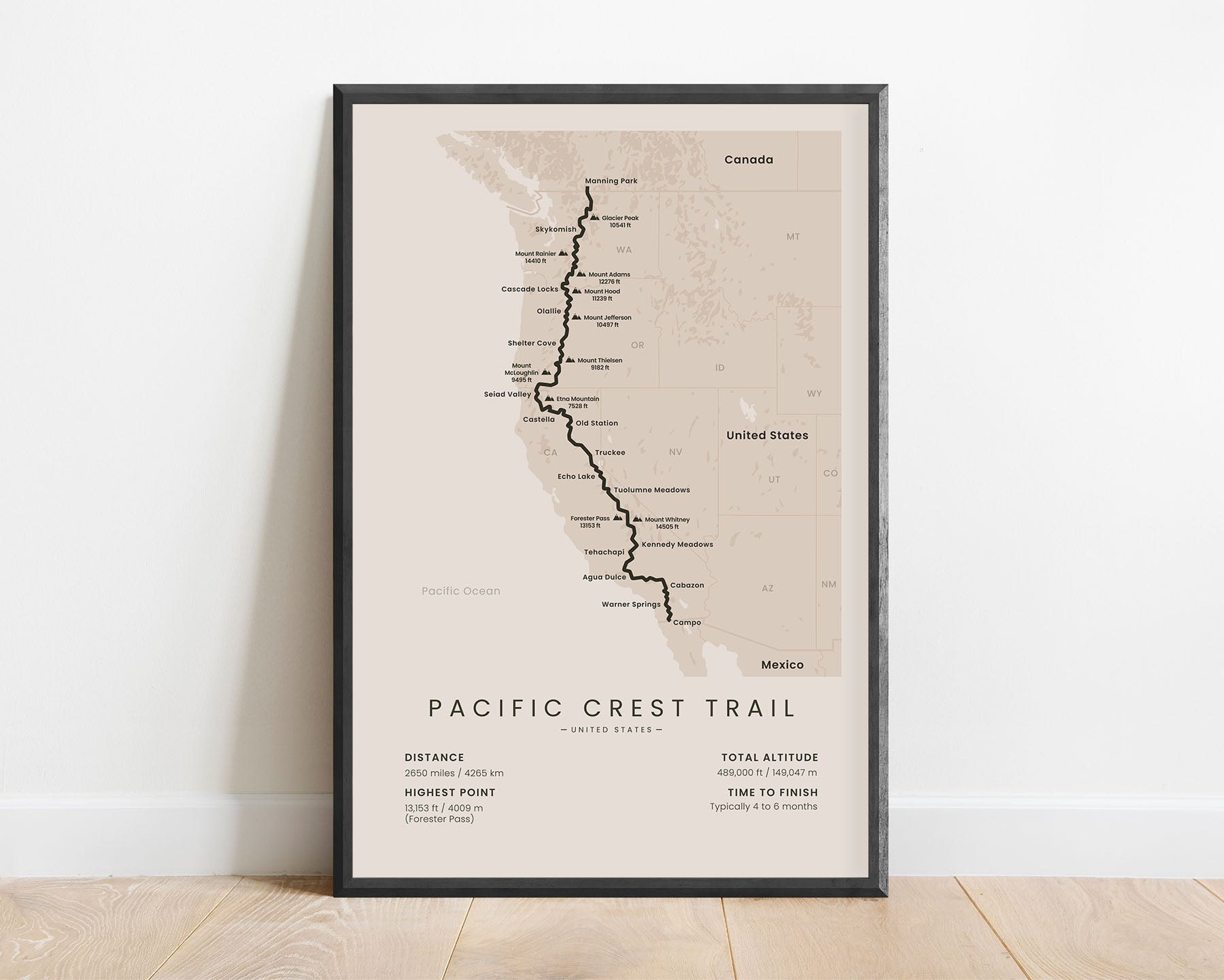 PCT (Mexico to Canada) Thru Hike Print with Beige Background