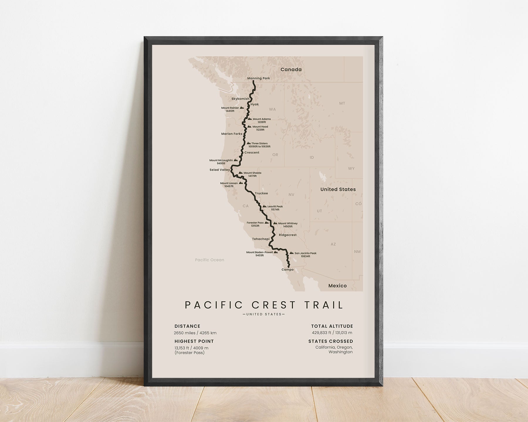 Pacific National Scenic Trail from Campo to Manning Park thru hike trekking print with beige background