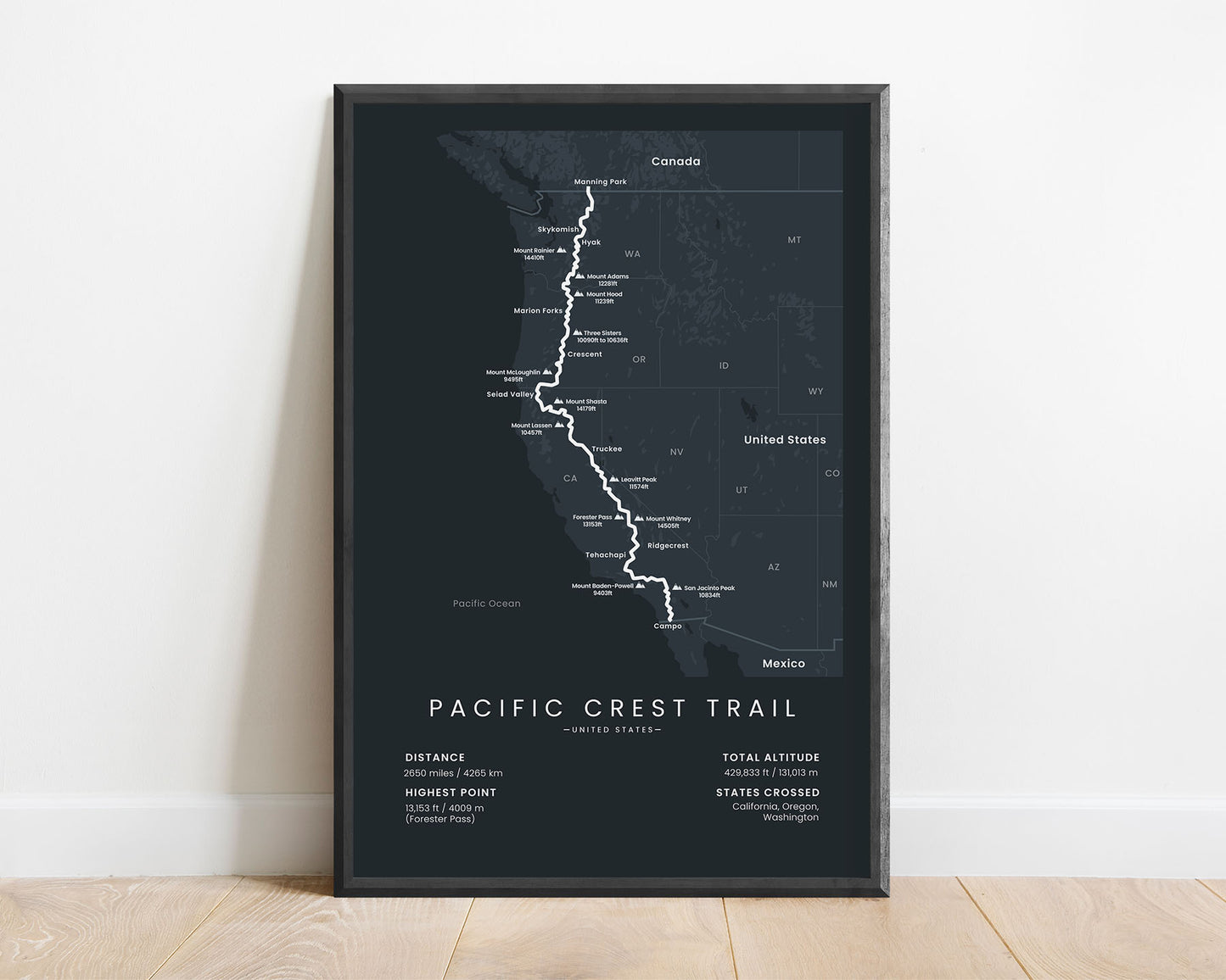 PCT (crossing California, Oregon, and Washington) cross-country hiking trail print with black background