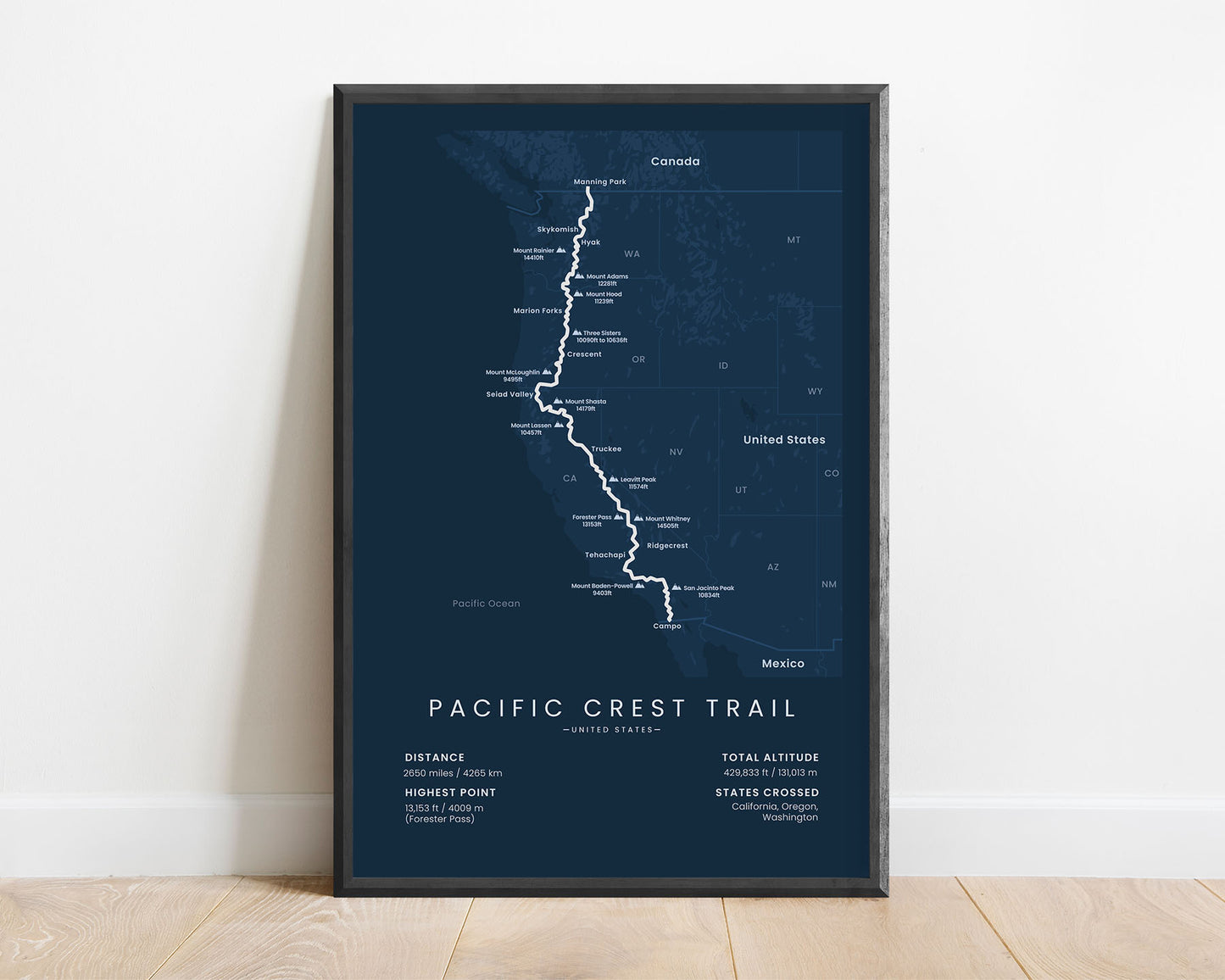 Pacific Crest Trail (crossing Sierra Nevada and Cascade mountain ranges) thru hiking wall art with blue background