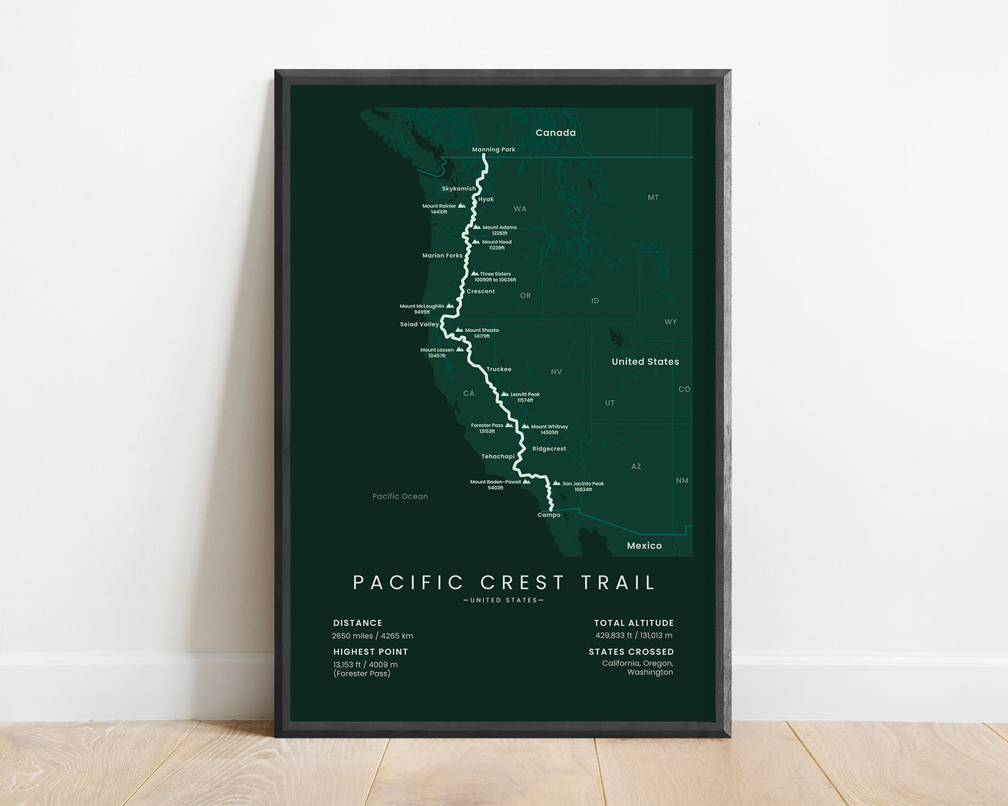 Pacific Crest trail minimalist lonng-distance backpacking route map with green background