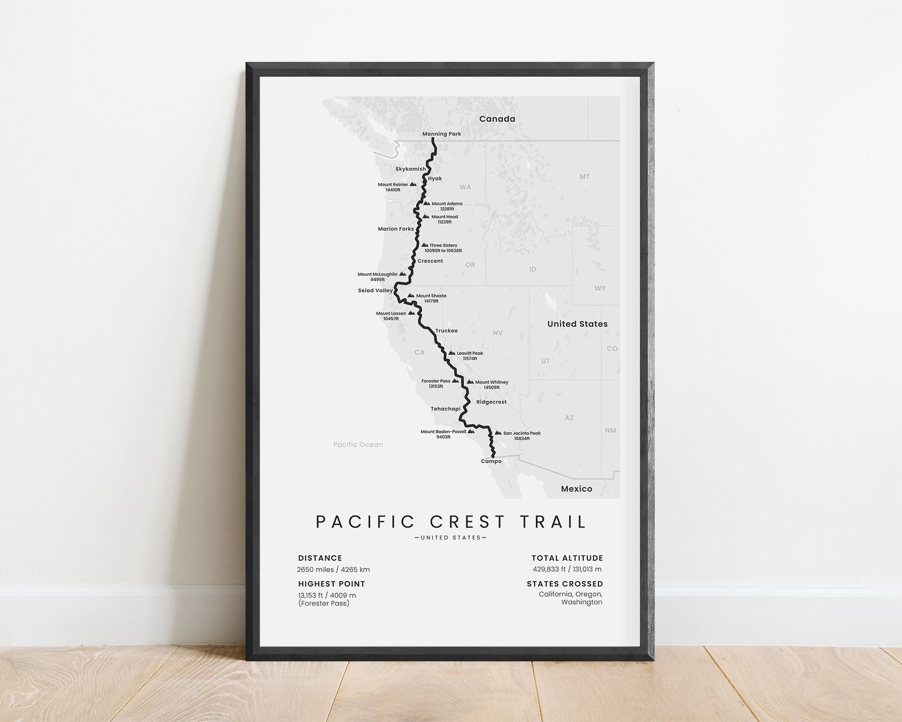Pacific Crest Trail from Mexico to Canada long-distance hiking map with white background