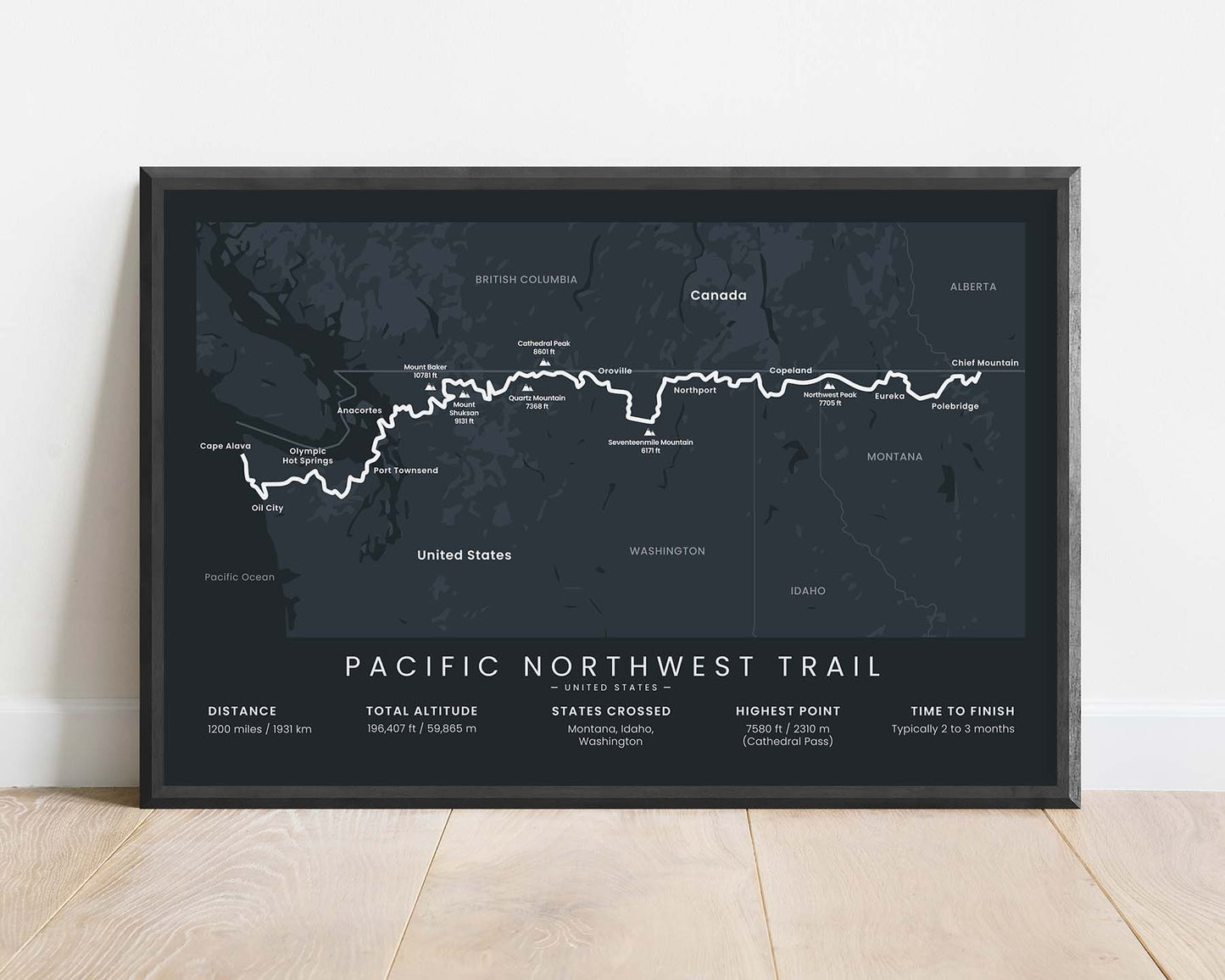 Pacific Northwest National Scenic Trail (Montana) Thru-Hike Wall Map with Black Background