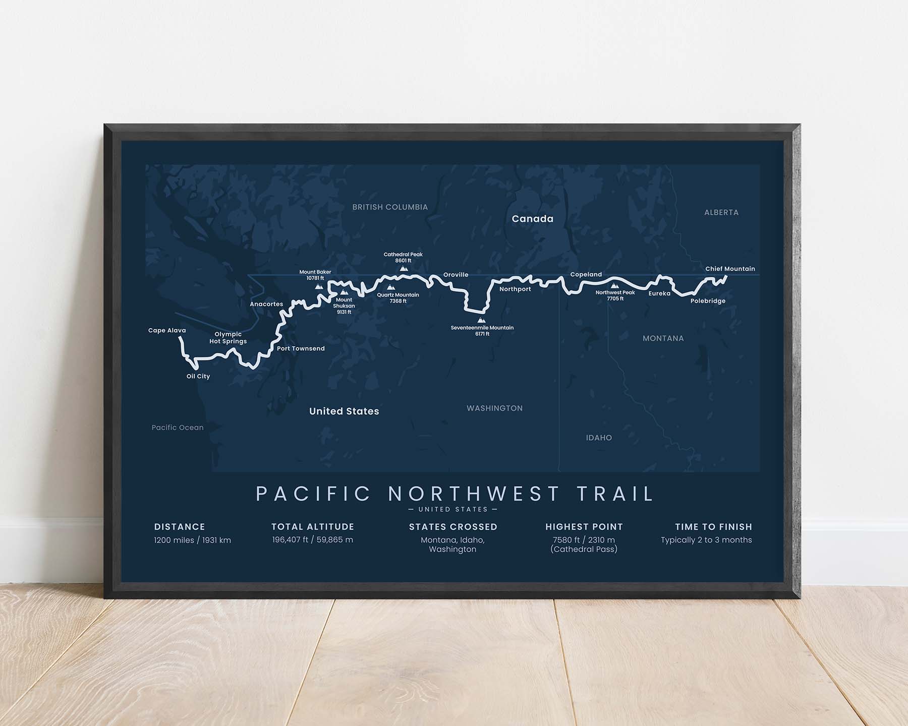 Pacific Northwest Trail (Continental Divide to Pacific Ocean) Path Wall Art with Blue Background