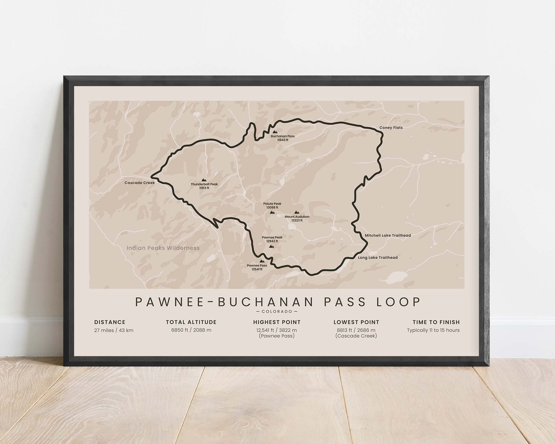 Northern Indian Peaks Loop (Colorado) Path Print with Beige Background