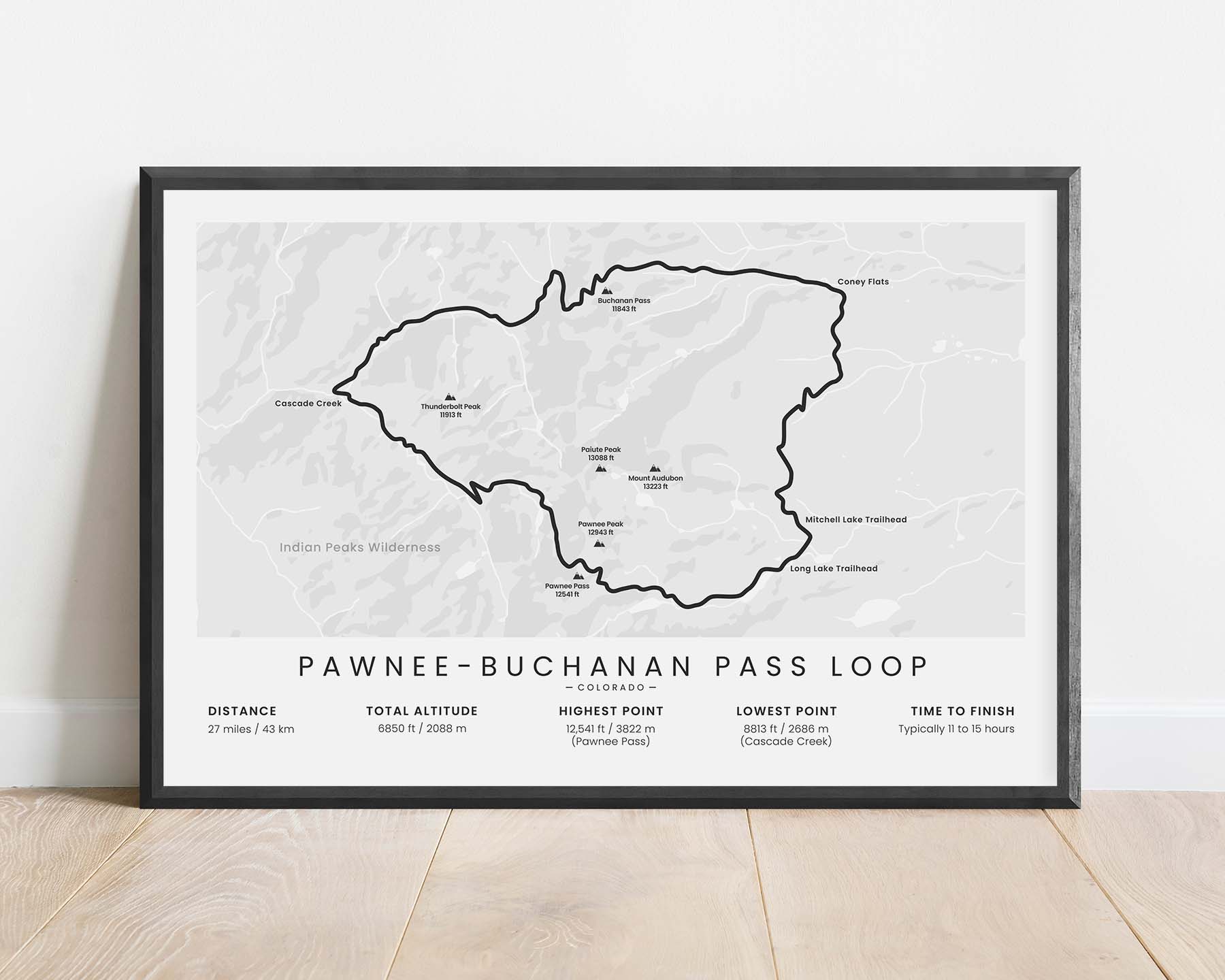 Pawnee-Buchanan Loop (Indian Peaks Wilderness) Trek Wall Map with White Background