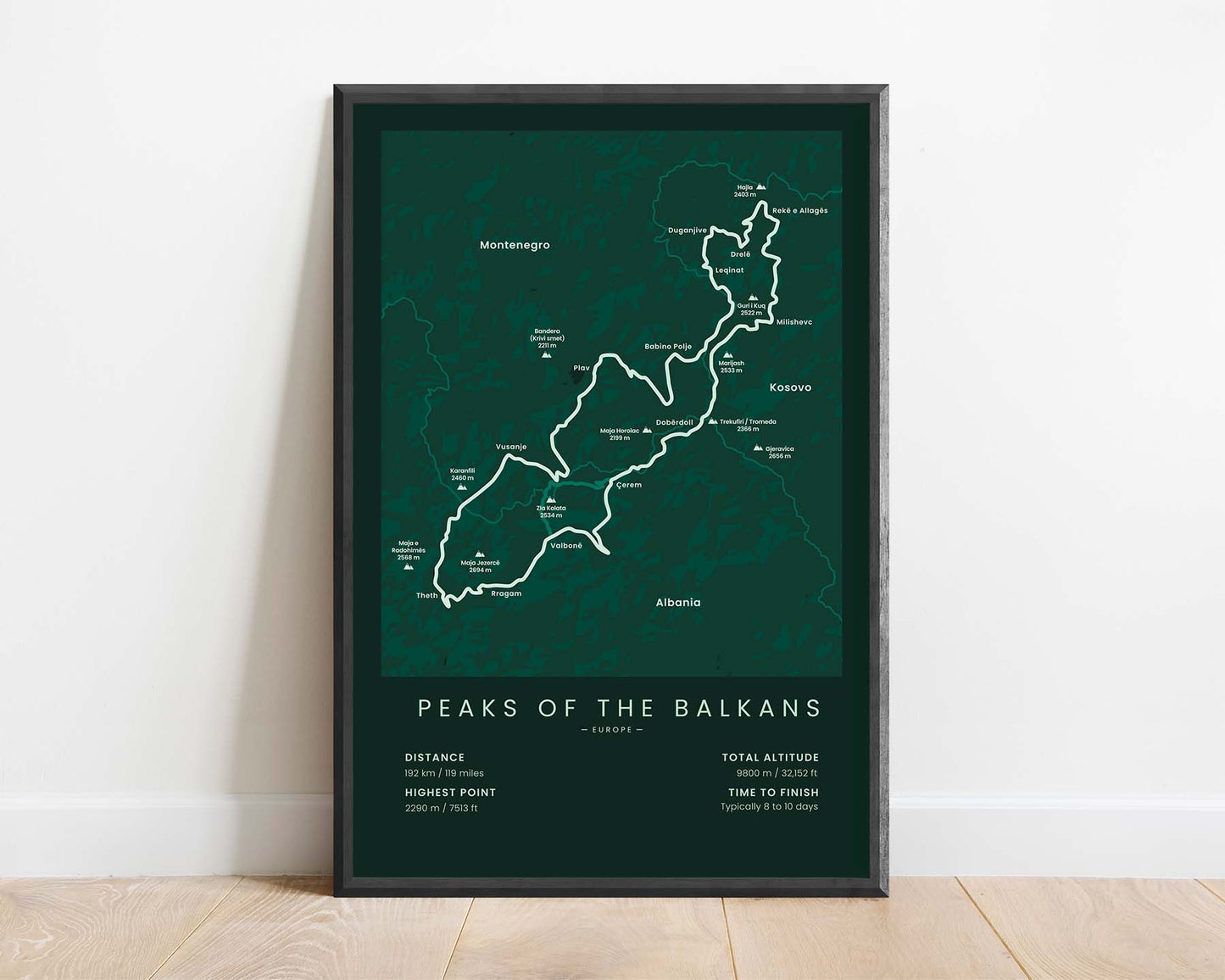 Peaks of the Balkans Trail (Accursed Mountains) Track Poster with Green Background